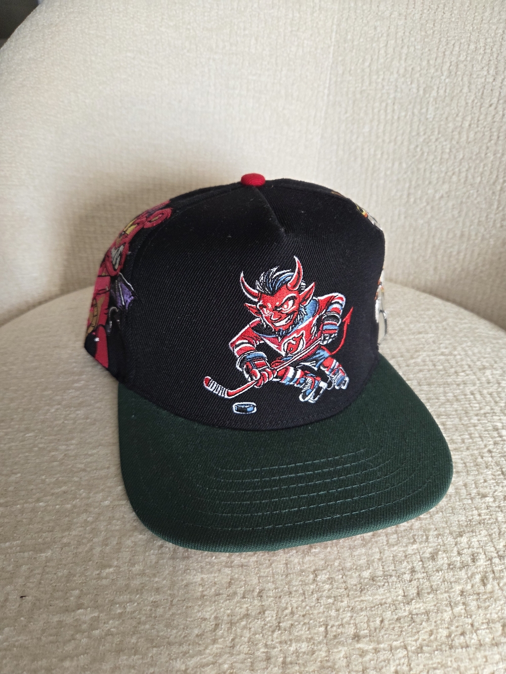 Black & Green Graphic Devil Hockey Snapback Hat